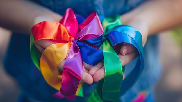 a person holding a colorful ribbon that says rainbow on it