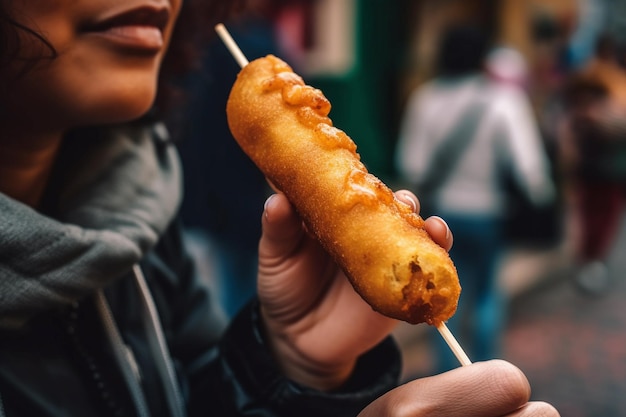 A person holding a corn dog on a stick