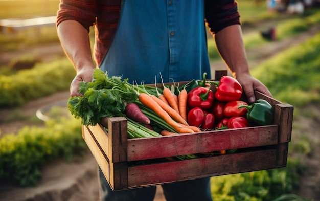 A person holding a crate of vegetables