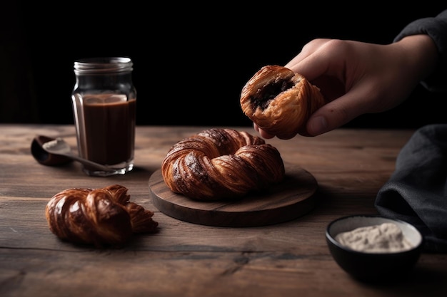 Person Holding Croissant with Chocolate Milk Generative Ai