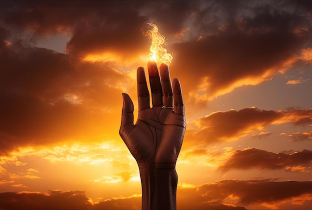 Photo a person holding a cross in the air with their hands over a sunset in the style of religious