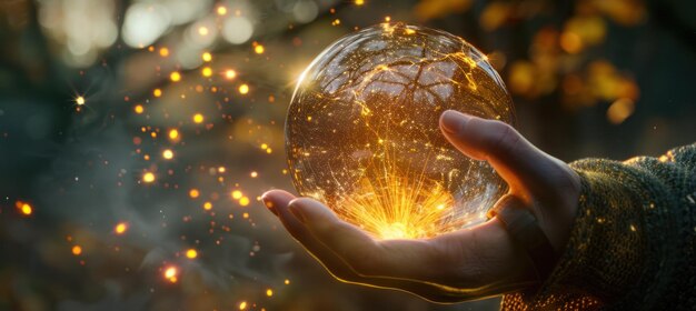 Photo a person holding a crystal ball filled with light on a dark background