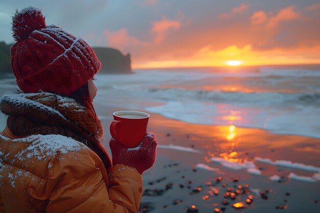 Person Holding a Cup of Coffee on a Beach