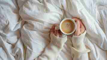 Photo a person holding a cup of coffee and a blanket