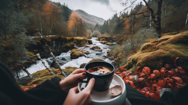 A person holding a cup of coffee in front of a stream Generative AI image