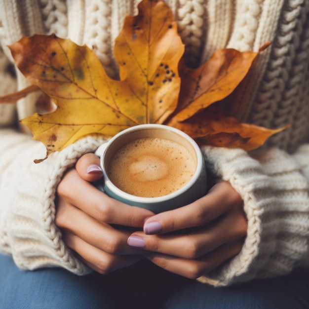 A person holding a cup of coffee and a leaf Generative AI image