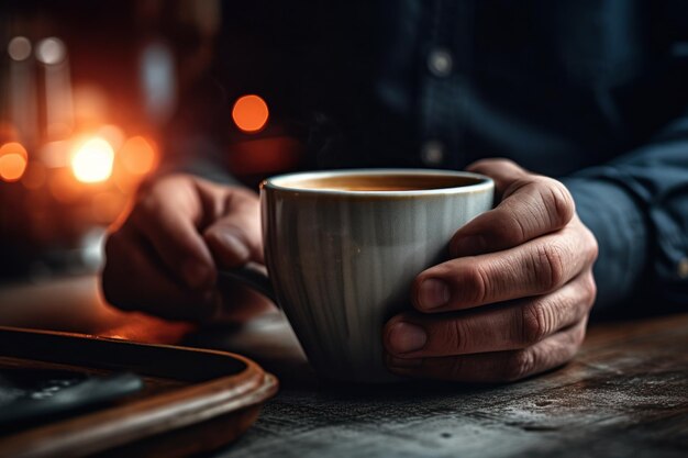 テーブルの上にコーヒーを持っている人