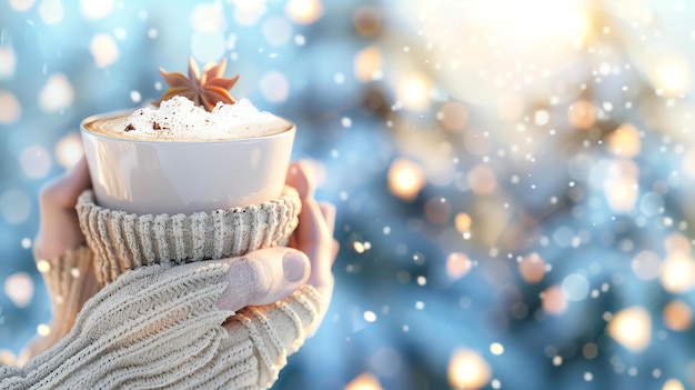 Foto una persona che tiene una tazza di caffè con un bellissimo paesaggio invernale sullo sfondo