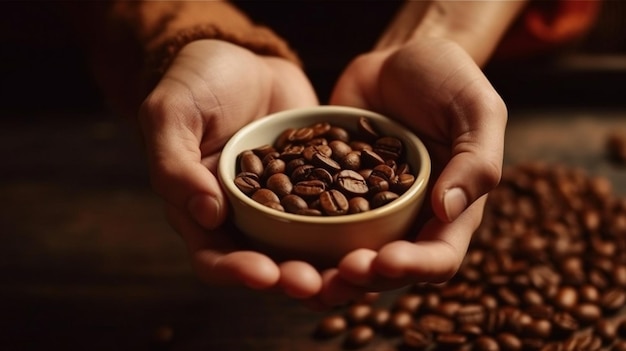 コーヒー豆を持った手でコーヒーを一杯持っている人。