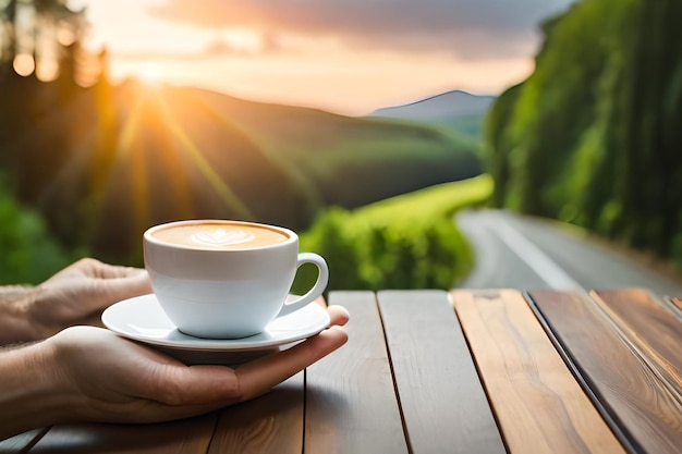 A person holding a cup of coffee with a view of a road in the background