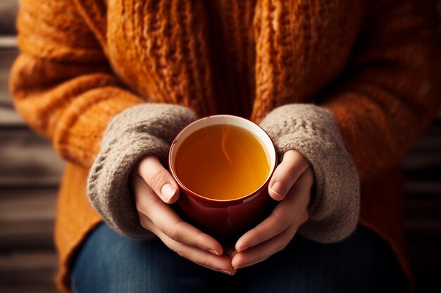 Photo a person holding a cup of tea while wrapped in a warm scarf