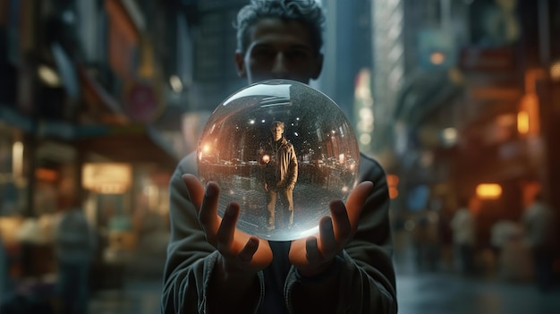 Person holding energy ball in the middle of a massive city magician power concept