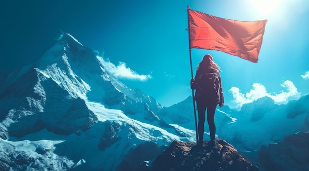 person holding a fem flag on top mountain