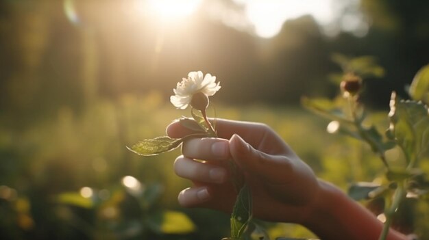 A person holding a flower in a field