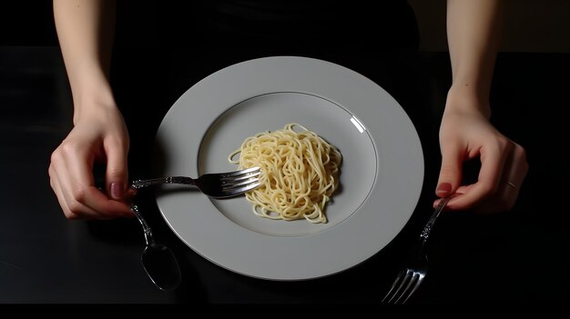 Photo a person holding a fork and a plate of spaghetti generative ai