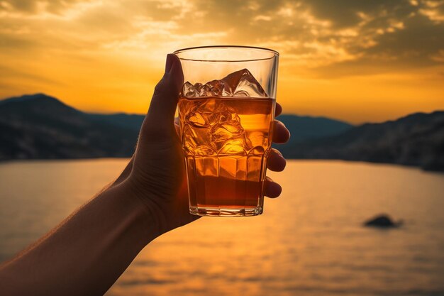 A person holding a glass of apple juice against a backdrop of green fields