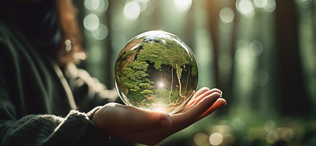 A person holding a glass ball with a forest on it