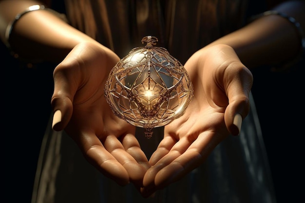 a person holding a glass ball with the hands holding a golden globe.