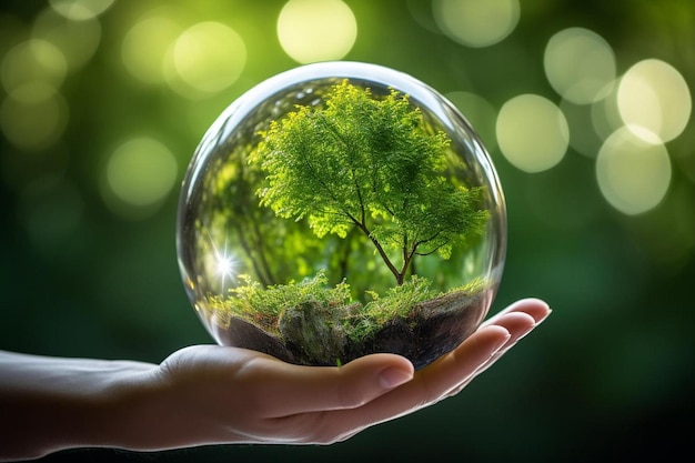 a person holding a glass ball with a tree inside