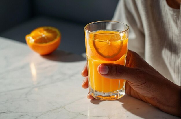 A person holding a glass of orange juice against a