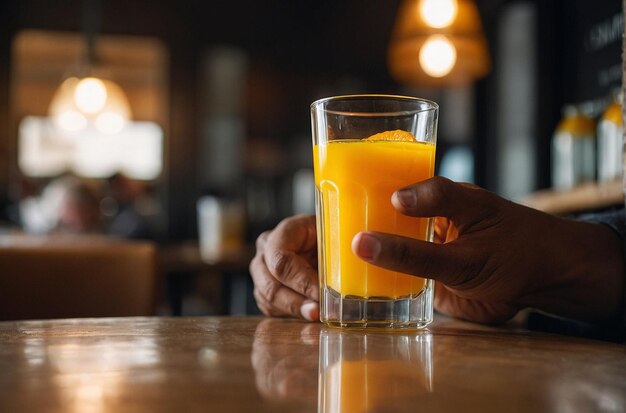 A person holding a glass of orange juice in a ca
