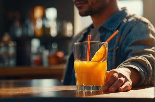 A person holding a glass of orange juice with a straw