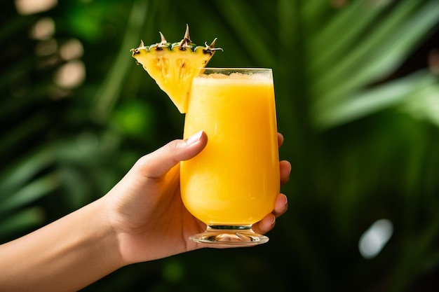 A person holding a glass of pineapple juice with a tropical backdrop