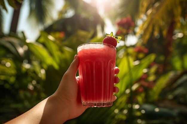 A person holding a glass of strawberry juice with a straw and a slice of lime