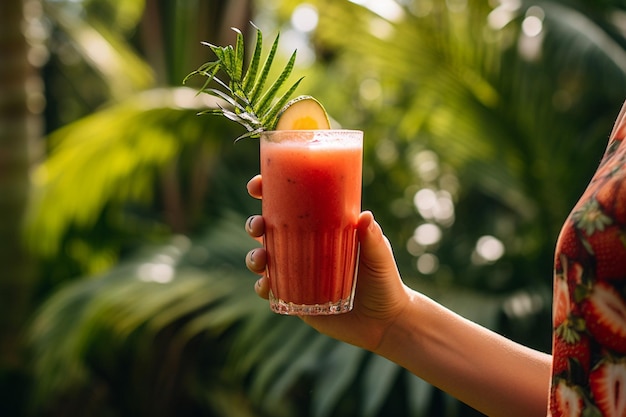 A person holding a glass of strawberry juice with a straw and a slice of lime