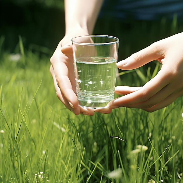 A person holding a glass of water in a field of grass