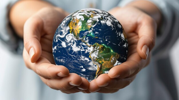 A person holding a globe in their hands on a white background