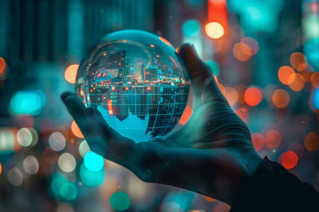 a person holding a globe with the city in the background