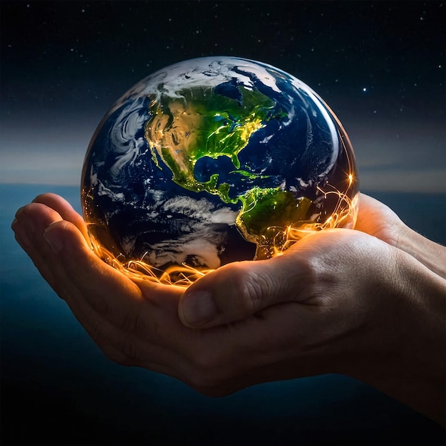 a person holding a globe with the earth in the background