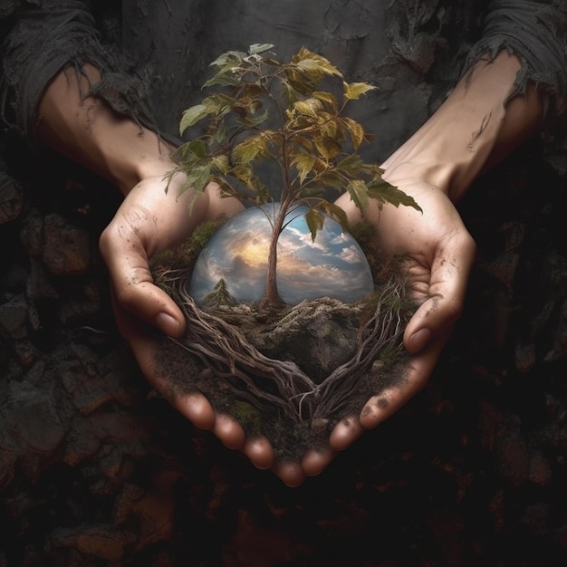 A person holding a globe with a tree inside it