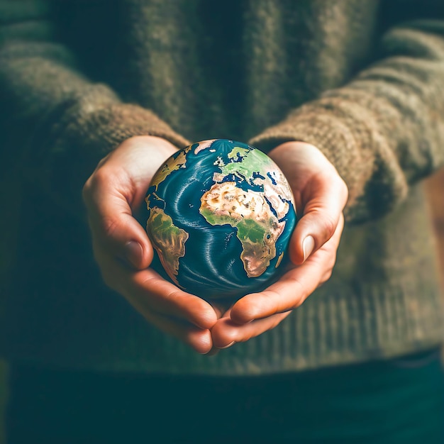 A person holding a globe with the word earth on it