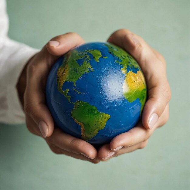 世界が描かれた地球球を握っている人