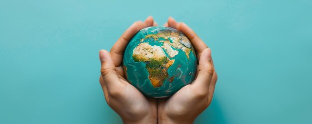 a person holding a globe with the world on their hands