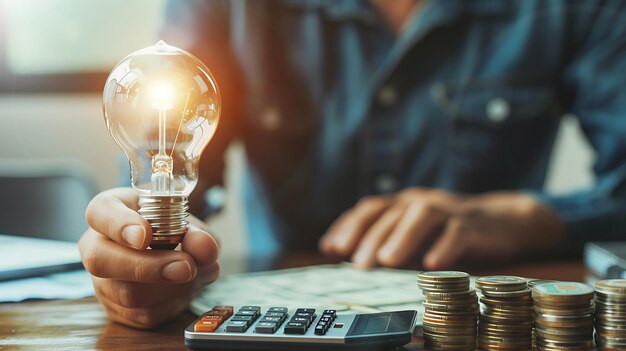 A person holding a glowing light bulb with a stack of coins and a calculator on the table The concept of saving money and energy