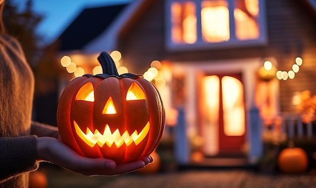 A person holding a glowing pumpkin with scary carved face outside a house