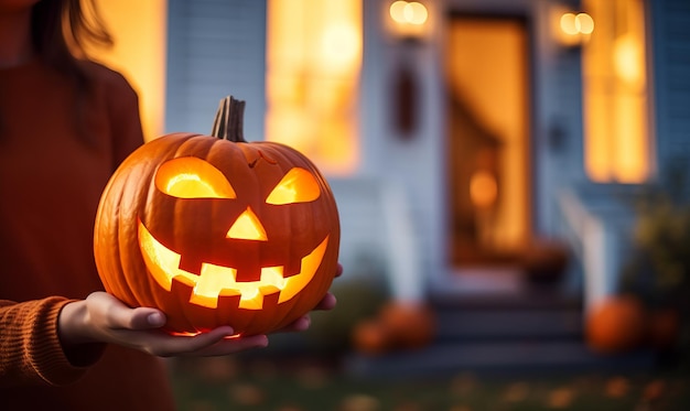 A person holding a glowing pumpkin with scary carved face outside a house