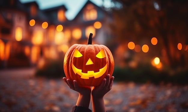 A person holding a glowing pumpkin with scary carved face outside a house