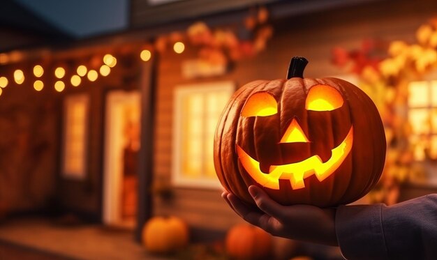 A person holding a glowing pumpkin with scary carved face outside a house