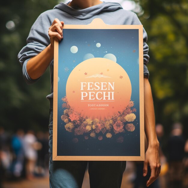 Photo person holding gradient poster mockup for festival