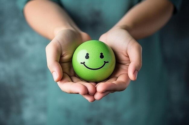 Photo a person holding a green ball with a smiley face on it