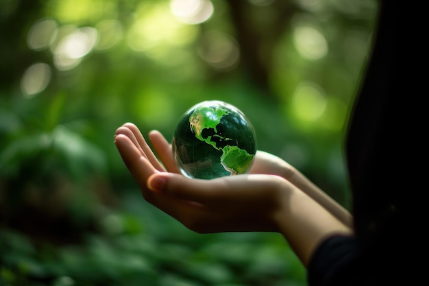 A person holding a green globe with the world on it