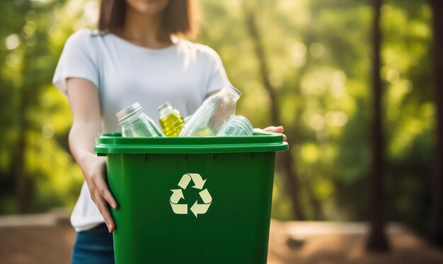 Photo person holding a green recycling bin emphasizing the importance of recycling and environmental care