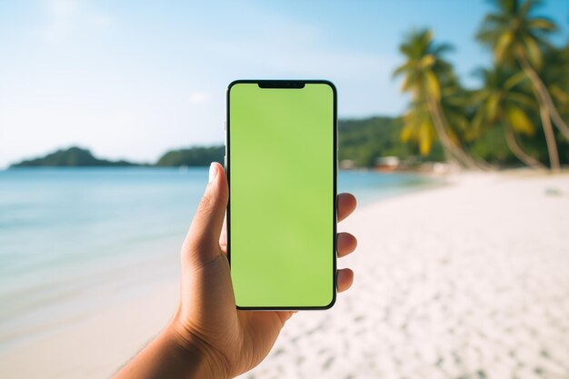 Person holding green screen chromakey smartphone on tropical vacation time off on holidays hand