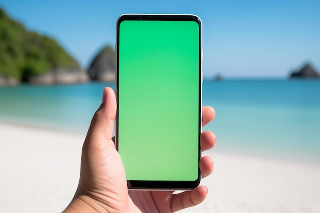 Person holding green screen chromakey smartphone on tropical vacation time off on holidays hand