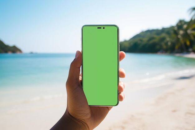 Person holding green screen chromakey smartphone on tropical vacation time off on holidays hand