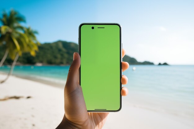 Photo person holding green screen chromakey smartphone on tropical vacation time off on holidays hand